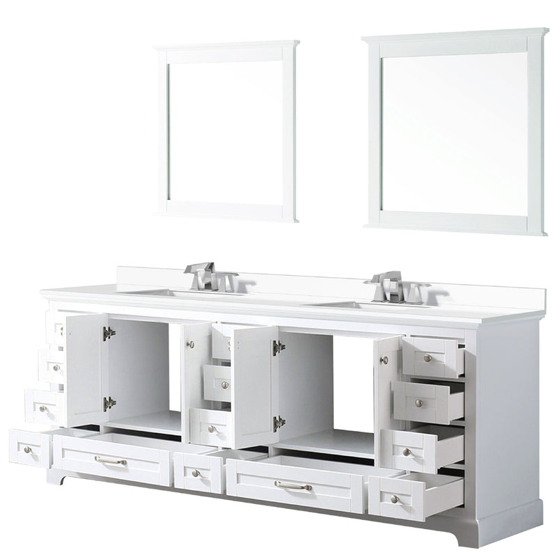 Lexora Dukes 84" W x 22" D White Double Bath Vanity Carrara Marble Top with Faucet Set and 34" Mirrors