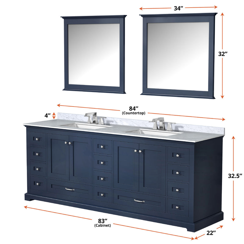 Lexora Dukes 84" W x 22" D Navy Blue Double Bath Vanity Carrara Marble Top and 34" Mirrors