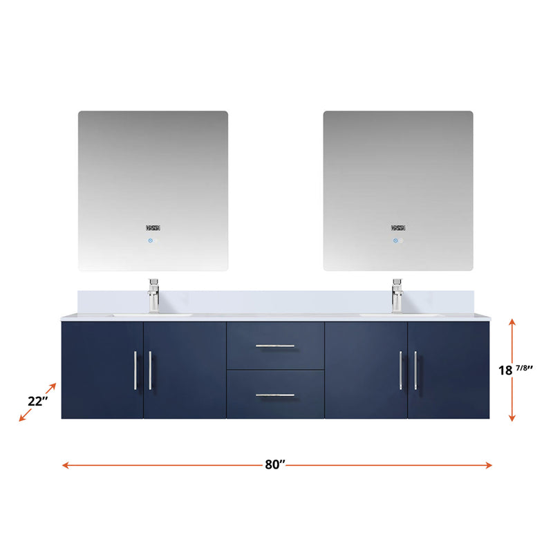 Lexora Geneva 80" W x 22" D Navy Blue Double Bath Vanity and Marble Top with 30" LED Mirrors