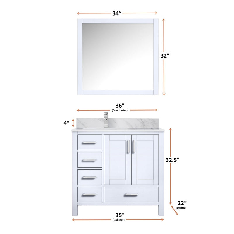 Lexora Jacques 36" W x 22" D Offset White Single Bath Vanity Marble Top with Faucet Set and 34" Mirrors