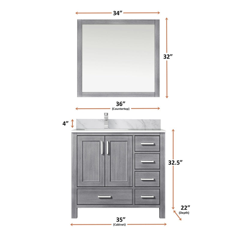 Lexora Jacques 36" W x 22" D Offset Distressed Grey Single Bath Vanity with Marble Top and 34" Mirrors