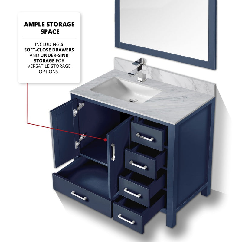 Lexora Jacques 36" W x 22" D Offset Navy Blue Single Bath Vanity and Marble Top