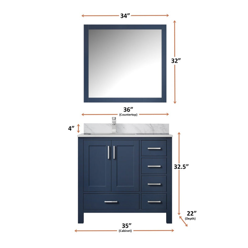 Lexora Jacques 36" W x 22" D Offset Navy Blue Single Bath Vanity with Marble Top and 34" Mirrors