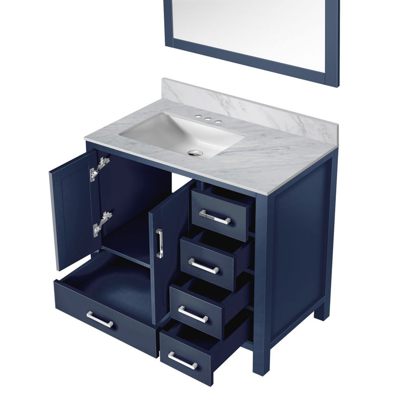 Lexora Jacques 36" W x 22" D Offset Navy Blue Single Bath Vanity with Marble Top and 34" Mirrors