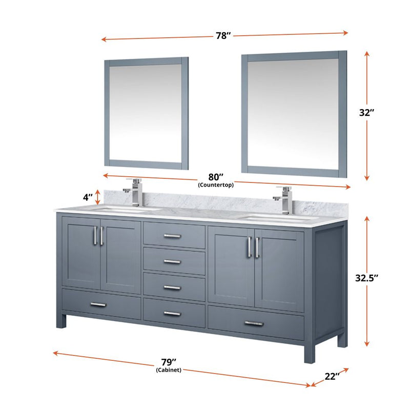 Lexora Jacques 80" W x 22" D Double Bath Vanity and Marble Top with 30" Mirrors