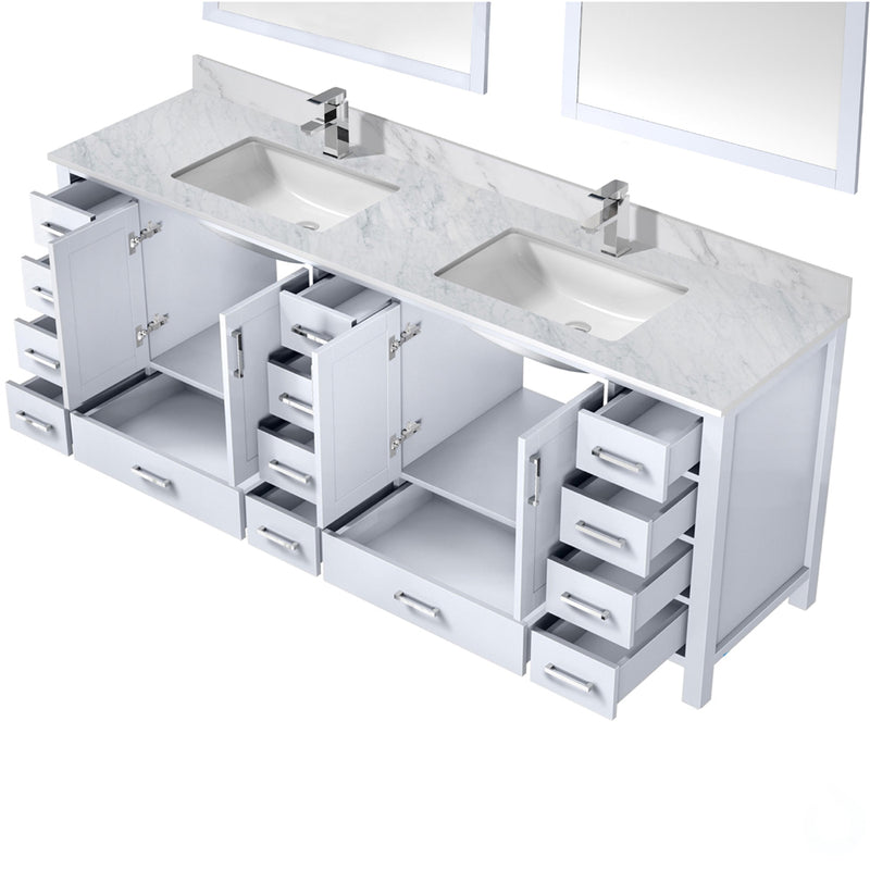 Lexora Jacques 84" W x 22" D White Double Bath Vanity Marble Top with Faucet Set and 34" Mirrors