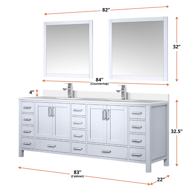 Lexora Jacques 84" W x 22" D White Double Bath Vanity with Marble Top and 34" Mirrors