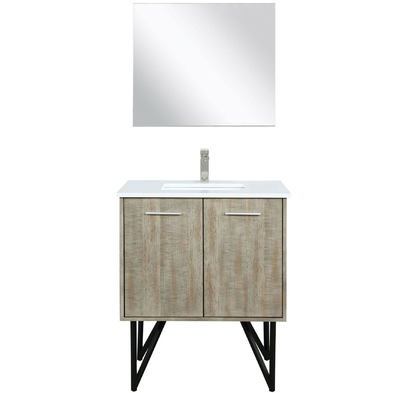 Lexora Lancy 30" W x 20" D Rustic Acacia Bath Vanity White Quartz Top with Faucet Set and 28" Mirror