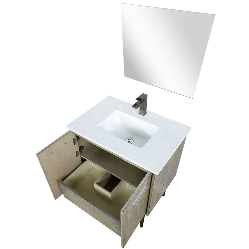 Lexora Lancy 30" W x 20" D Rustic Acacia Bath Vanity White Quartz Top with Faucet Set and 28" Mirror