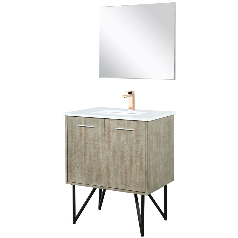 Lexora Lancy 30" W x 20" D Rustic Acacia Bath Vanity White Quartz Top with Faucet Set and 28" Mirror