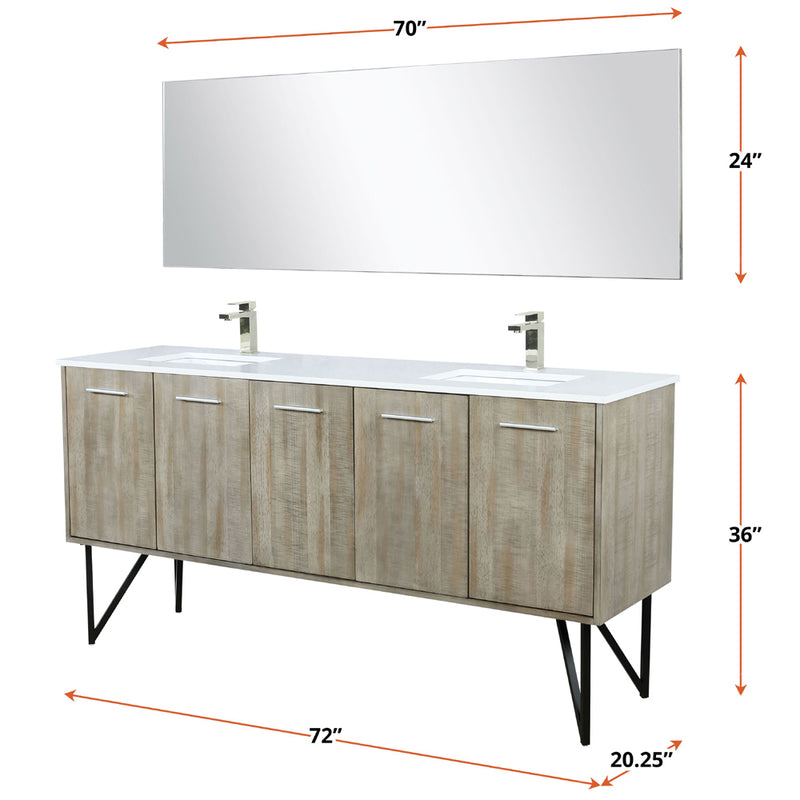 Lexora Lancy 72" W x 20" D Rustic Acacia Double Bath Vanity White Quartz Top with Faucet Set and 70" Mirror