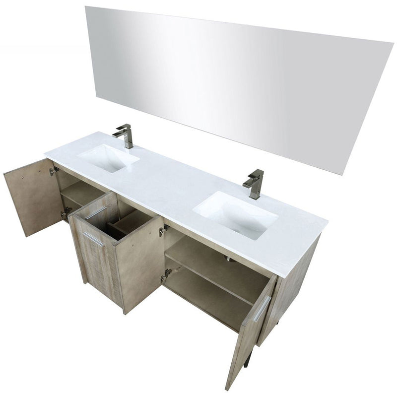 Lexora Lancy 72" W x 20" D Rustic Acacia Double Bath Vanity White Quartz Top with Faucet Set and 70" Mirror