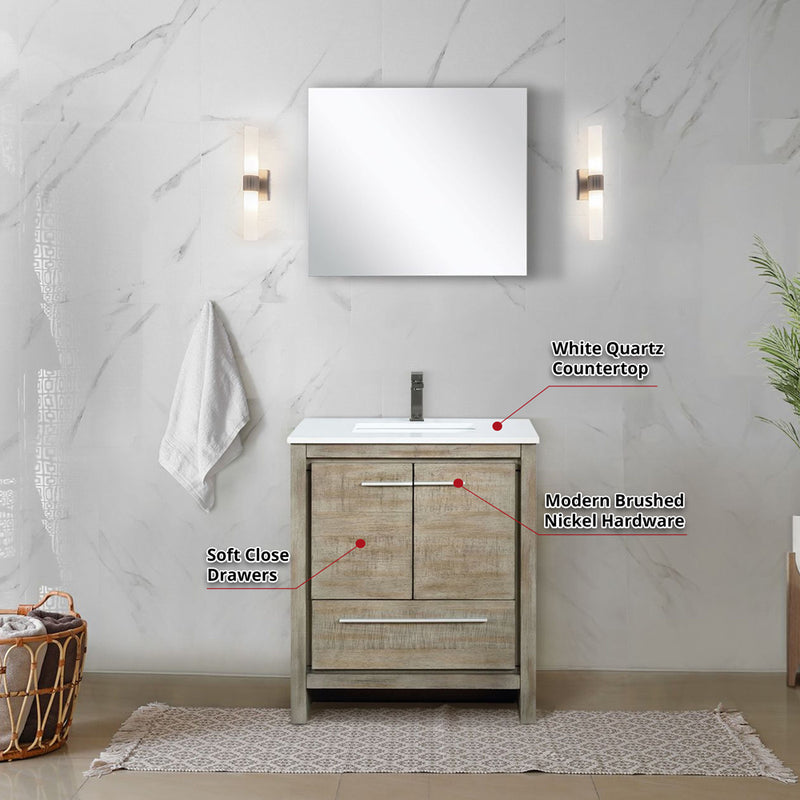 Lexora Lafarre 30" W x 20" D Rustic Acacia Bath Vanity Marble Top and 28" Mirror