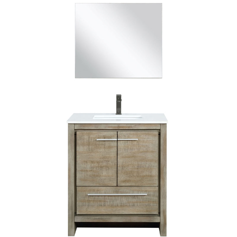 Lexora Lafarre 30" W x 20" D Rustic Acacia Bath Vanity White Quartz Top with Faucet Set and 28" Mirror