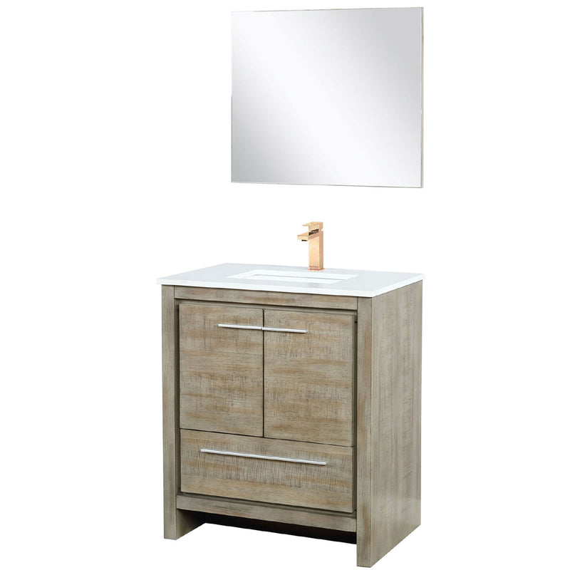 Lexora Lafarre 30" W x 20" D Rustic Acacia Bath Vanity White Quartz Top with Faucet Set and 28" Mirror