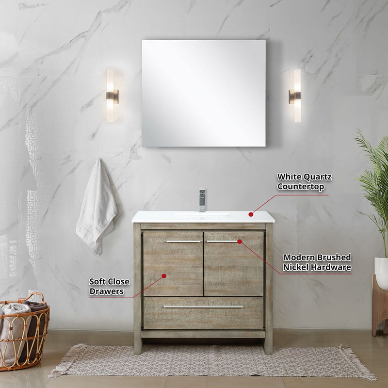 Lexora Lafarre 36" W x 20" D Rustic Acacia Bath Vanity White Quartz Top with Faucet Set and 28" Mirror