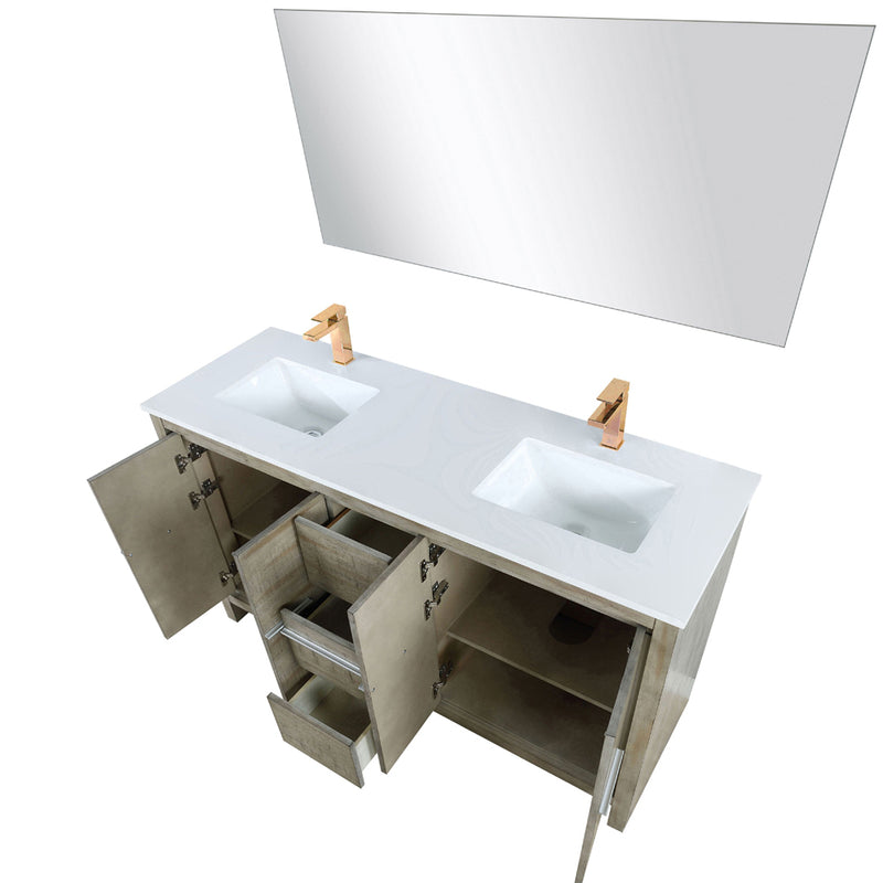 Lexora Lafarre 60" W x 20" D Rustic Acacia Double Bath Vanity White Quartz Top with Faucet Set and 55" Mirror