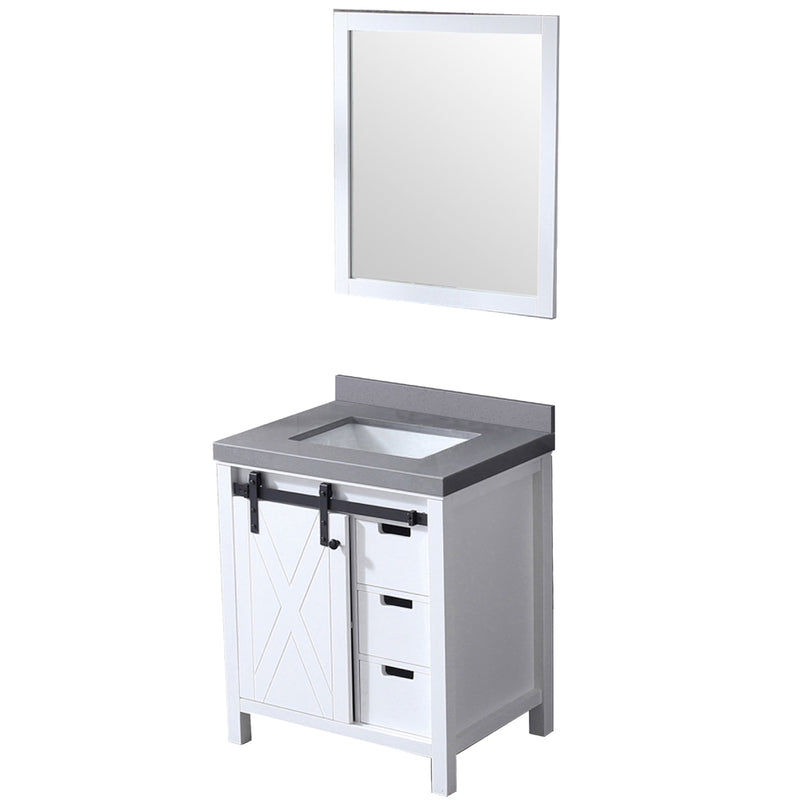 Lexora Marsyas 30" W x 22" D White Bath Vanity Grey Quartz Countertop and 28" Mirror