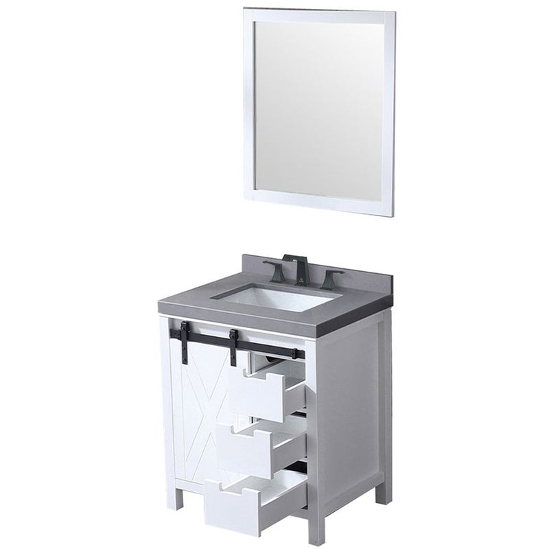 Lexora Marsyas 30" W x 22" D White Bath Vanity Grey Quartz Countertop with Faucet Set and 28" Mirror