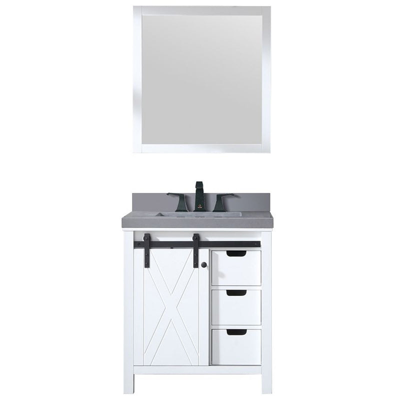 Lexora Marsyas 30" W x 22" D White Bath Vanity Grey Quartz Countertop with Faucet Set and 28" Mirror