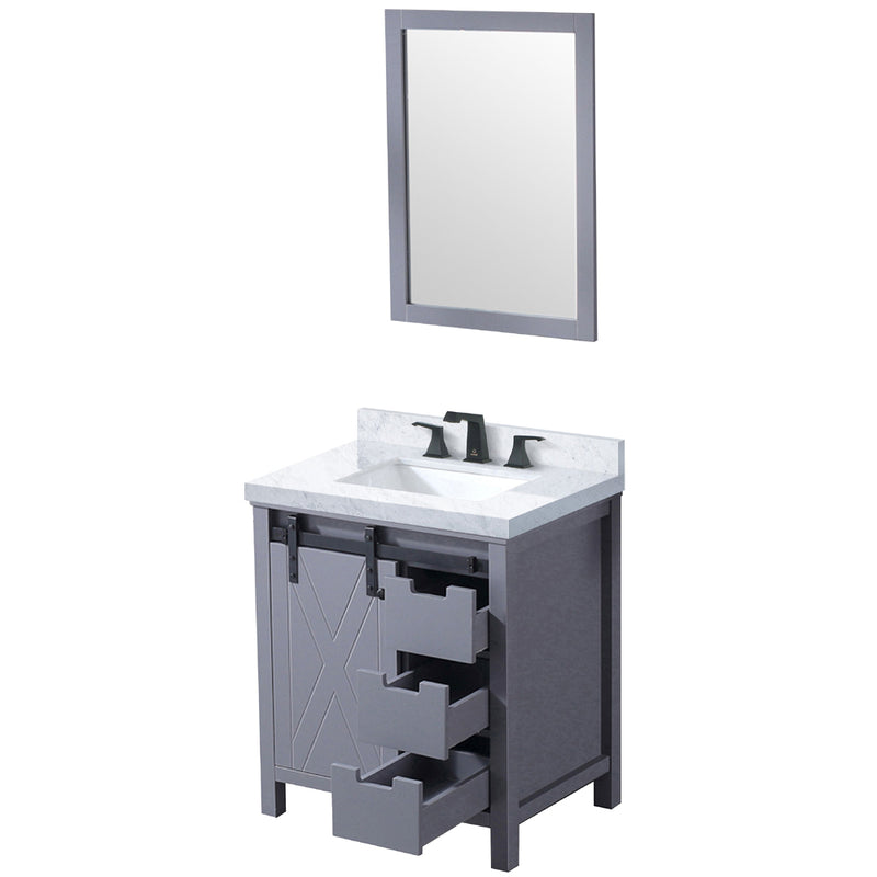 Lexora Marsyas 30" W x 22" D Dark Grey Bath Vanity Carrara Marble Countertop with Faucet Set and 28" Mirror