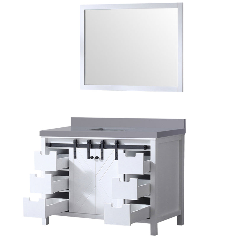 Lexora Marsyas 48" W x 22" D White Bath Vanity Grey Quartz Countertop and 44" Mirror