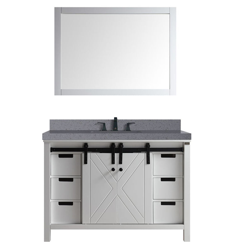 Lexora Marsyas 48" W x 22" D White Bath Vanity Grey Quartz Countertop with Faucet Set and 44" Mirror