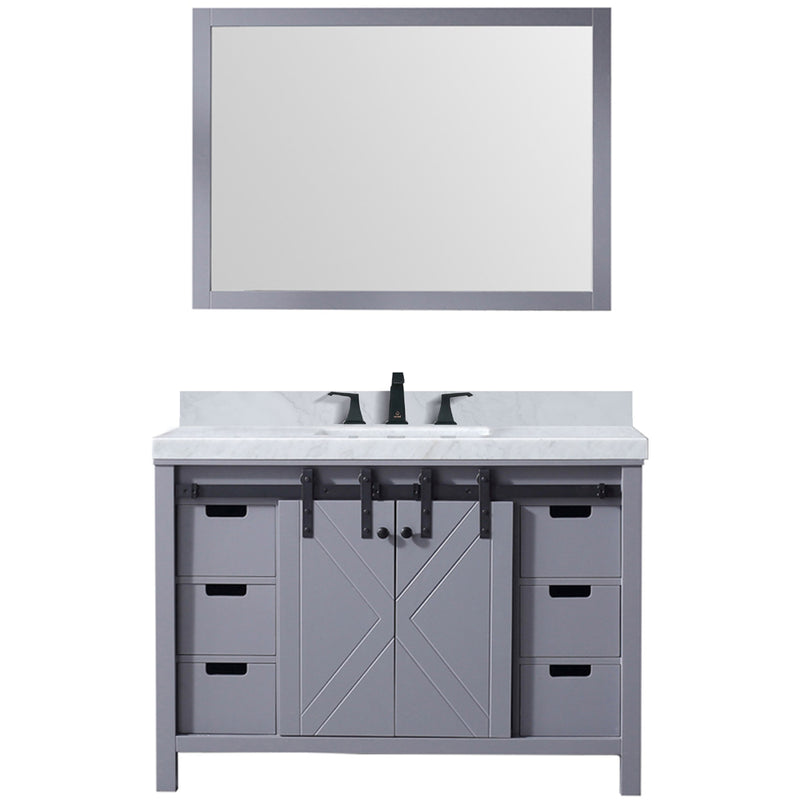 Lexora Marsyas 48" W x 22" D Dark Grey Bath Vanity Carrara Marble Countertop Faucet Set and 44" Mirror