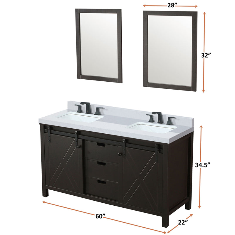 Lexora Marsyas 60" W x 22" D Brown Double Bath Vanity Marble Countertop and 24" Mirrors