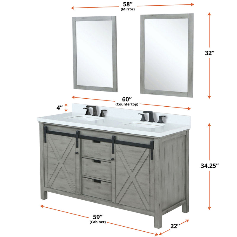 Lexora Marsyas 60" W x 22" D Ash Grey Double Bath Vanity Marble Countertop with Faucet Set and 24" Mirrors