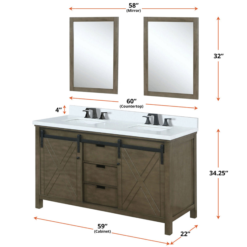 Lexora Marsyas 60" W x 22" D Rustic Brown Double Bath Vanity and Marble Countertop