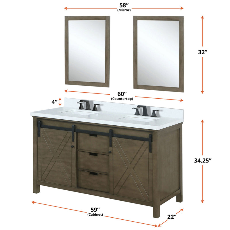 Lexora Marsyas 60" W x 22" D Rustic Brown Double Bath Vanity Marble Countertop with Faucet Set and 24" Mirrors