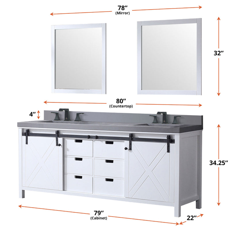 Lexora Marsyas 80" W x 22" D White Double Bath Vanity and Grey Quartz Countertop