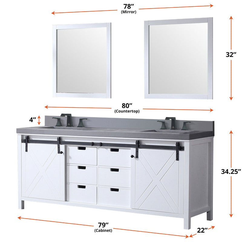 Lexora Marsyas 80" W x 22" D White Double Bath Vanity Grey Quartz Countertop and 30" Mirrors