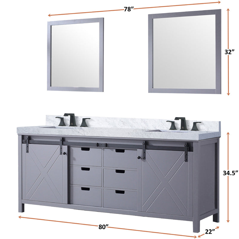 Lexora Marsyas 80" W x 22" D Dark Grey Double Bath Vanity Carrara Marble Countertop and 30" Mirrors