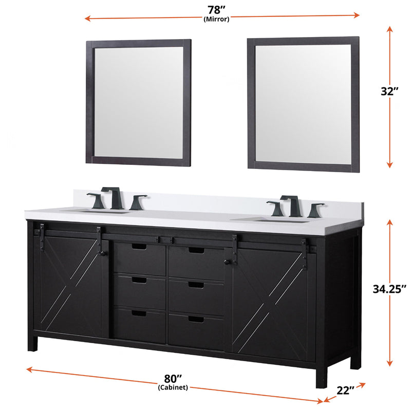 Lexora Marsyas 80" W x 22" D Brown Double Bath Vanity Marble Countertop and 30" Mirrors