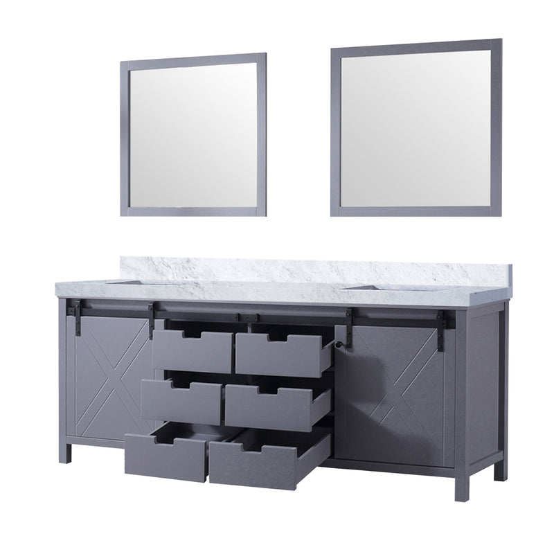 Lexora Marsyas 84 in W x 22 in D Dark Grey Double Bath Vanity, Carrara Marble Countertop and 34 in Mirrors