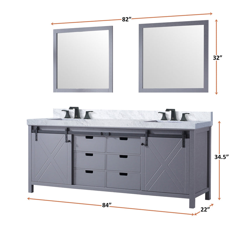 Lexora Marsyas 84 in W x 22 in D Dark Grey Double Bath Vanity, Carrara Marble Countertop and 34 in Mirrors