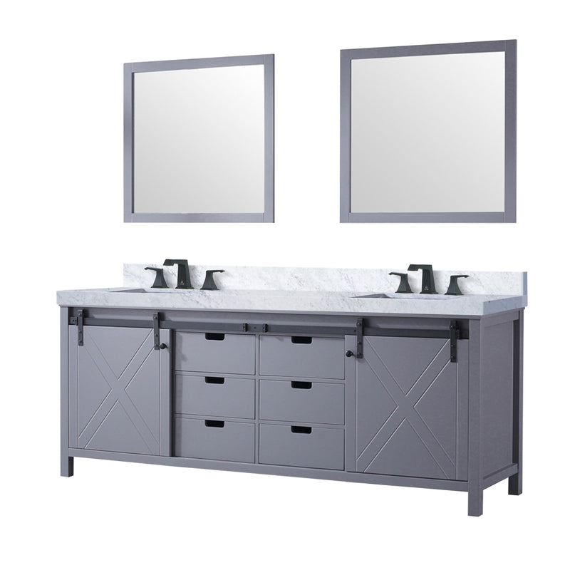 Lexora Marsyas 84 in W x 22 in D Dark Grey Double Bath Vanity, Carrara Marble Countertop, Faucet Set and 34 in Mirrors