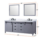 Lexora Marsyas 84 in W x 22 in D Dark Grey Double Bath Vanity, Carrara Marble Countertop, Faucet Set and 34 in Mirrors