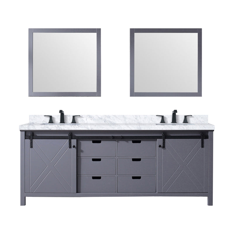 Lexora Marsyas 84 in W x 22 in D Dark Grey Double Bath Vanity, Carrara Marble Countertop, Faucet Set and 34 in Mirrors