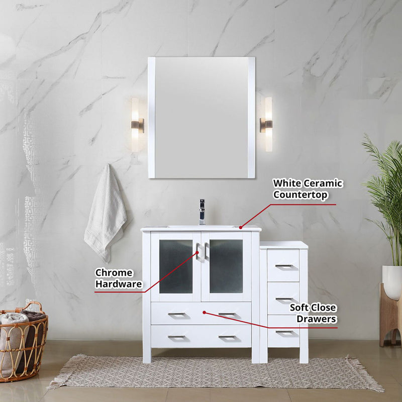 Lexora Volez 42" W x 18.25" D Bath Vanity with Side Cabinet with Faucet Set White Ceramic Top and 28" Mirror