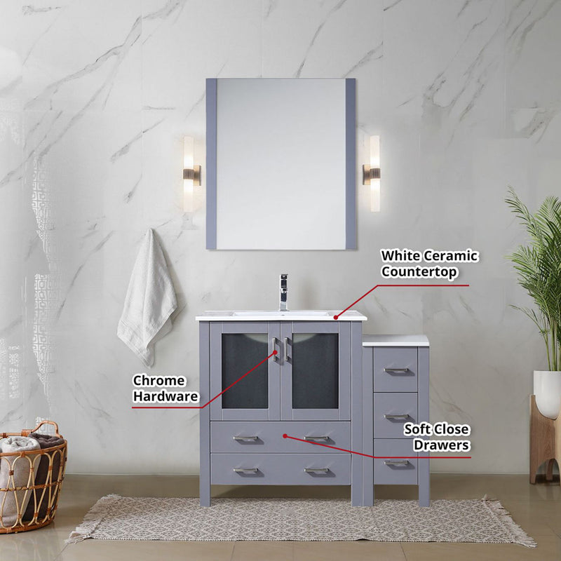 Lexora Volez 42" W x 18.25" D Bath Vanity with Side Cabinet with Faucet Set White Ceramic Top and 28" Mirror