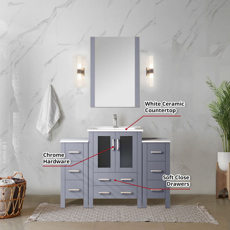 Lexora Volez 48" W x 18.25" D Bath Vanity with Side Cabinets White Ceramic Top and 22" Mirror