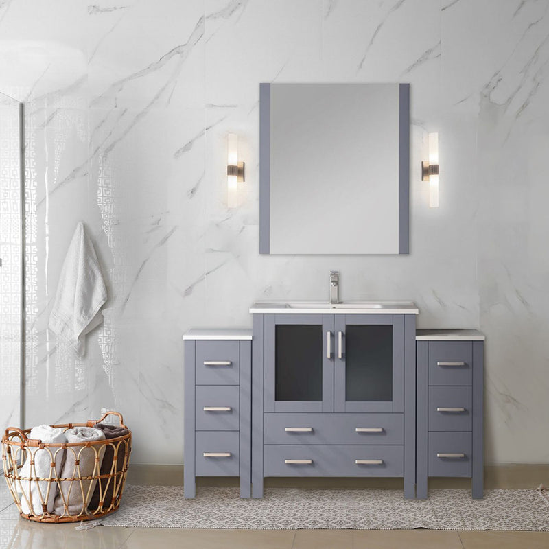 Lexora Volez 54" W x 18.25" D Bath Vanity with Side Cabinets White Ceramic Top and 28" Mirror