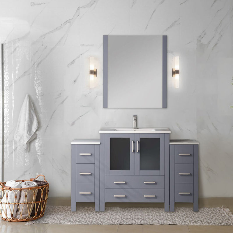 Lexora Volez 54" W x 18.25" D Bath Vanity with Side Cabinets with Faucet Set and White Ceramic Top 28" Mirror