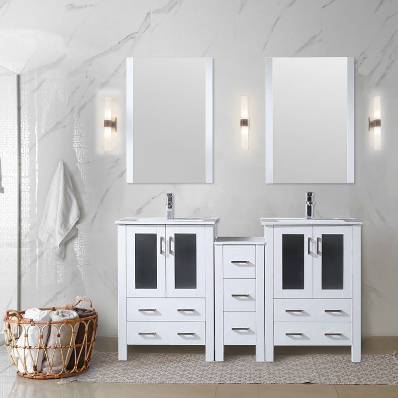 Lexora Volez 60" W Double Bath Vanity with Side Cabinet Faucet Set White Ceramic Top and 22" Mirrors