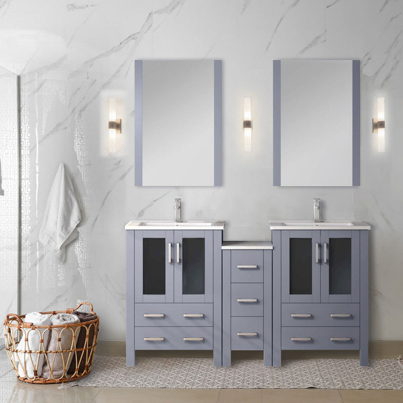 Lexora Volez 60" W x 18.25" D Bath Vanity Side Cabinets with Faucet Set and White Ceramic Top 34" Mirror