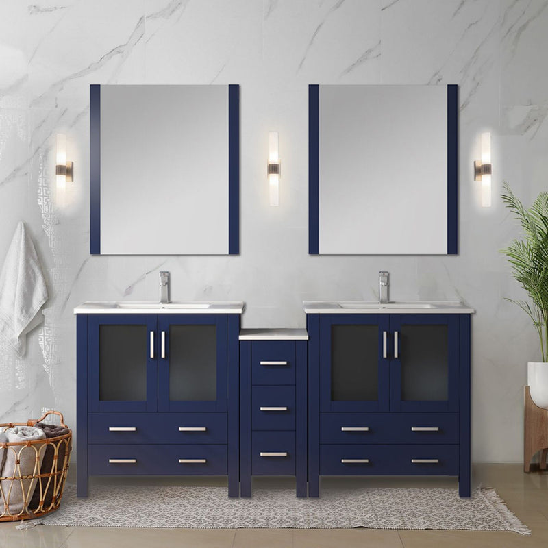 Lexora Volez 72" W x 18.25" D Double Bath Vanity with Side Cabinets and White Ceramic Top 28" Mirrors