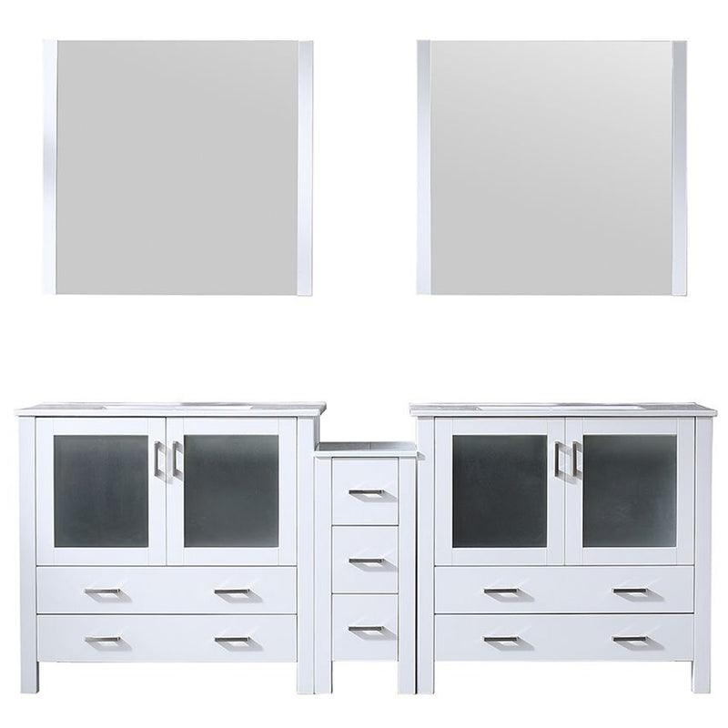 Lexora Volez 84" W x 18.25" D Double Bath Vanity with Side Cabinet with White Ceramic Top and 34" Mirrors